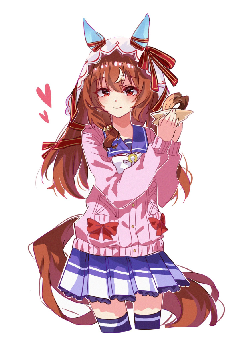 1girl, animal_ears, blush, bow, bowtie, brown_hair, cardigan, closed_mouth, doughnut, ear_covers, ear_ribbon, food, hair_between_eyes, hair_ornament, heart, highres, holding, holding_donut, holding_food, horse_ears, horse_girl, horse_tail, long_hair, long_sleeves, looking_at_viewer, morizu929, multicolored_hair, pink_cardigan, pleated_skirt, purple_sailor_collar, purple_serafuku, purple_shirt, purple_skirt, purple_thighhighs, red_bow, red_eyes, ribbon, sailor_collar, sailor_shirt, school_uniform, serafuku, shirt, simple_background, skirt, smile, solo, still_in_love_(umamusume), streaked_hair, tail, thigh-highs, tracen_school_uniform, umamusume, veil, white_background, white_bow, white_bowtie, white_streaks, white_veil