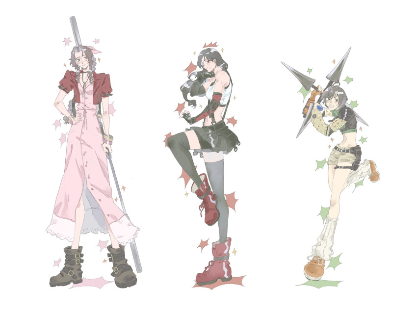 3girls, aerith_gainsborough, armor, bangle, bare_shoulders, black_bra, black_gloves, black_hair