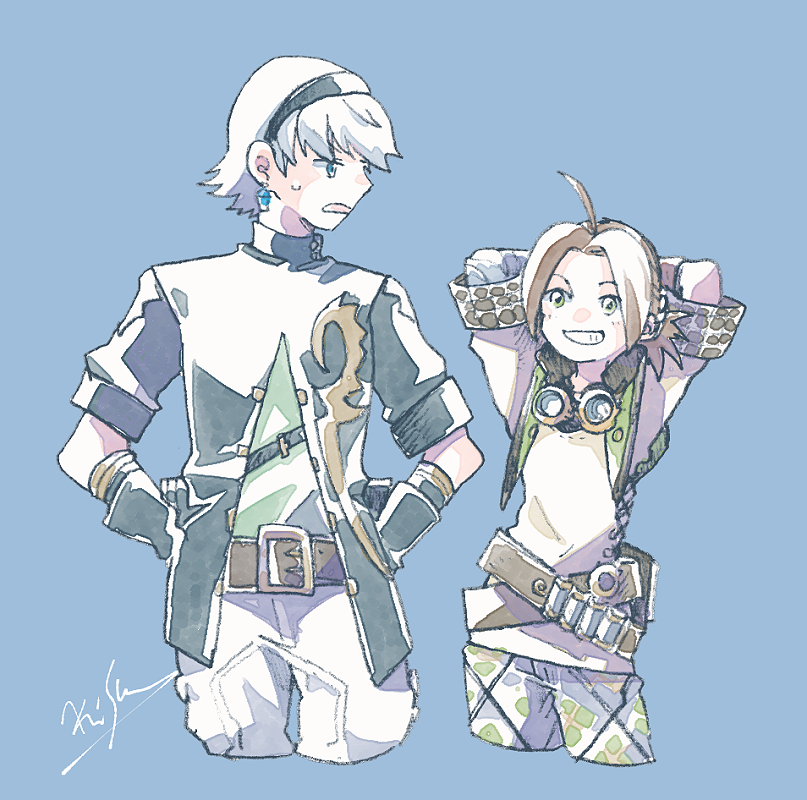 2boys, ahoge, arms_behind_head, artist_name, black_coat, blue_background, blue_eyes, brown_hair