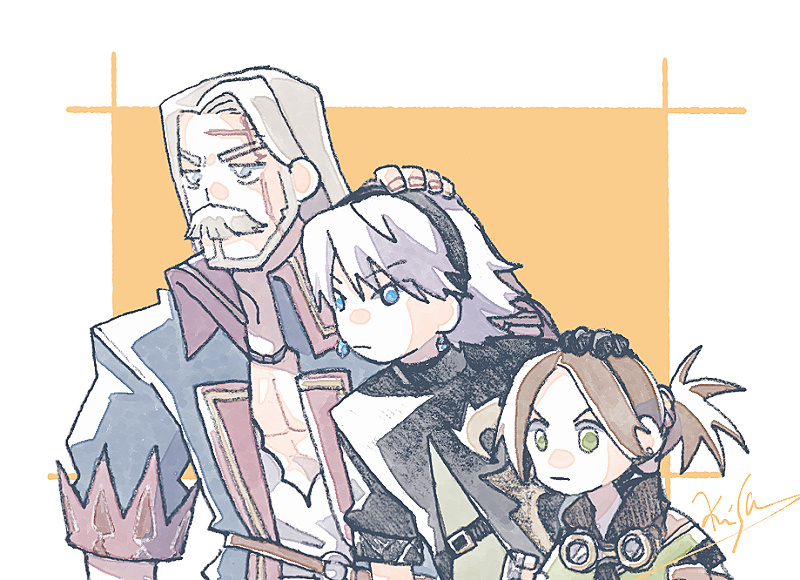 3boys, artist_name, beard, black_coat, black_gloves, black_hairband, blue_coat, blue_eyes