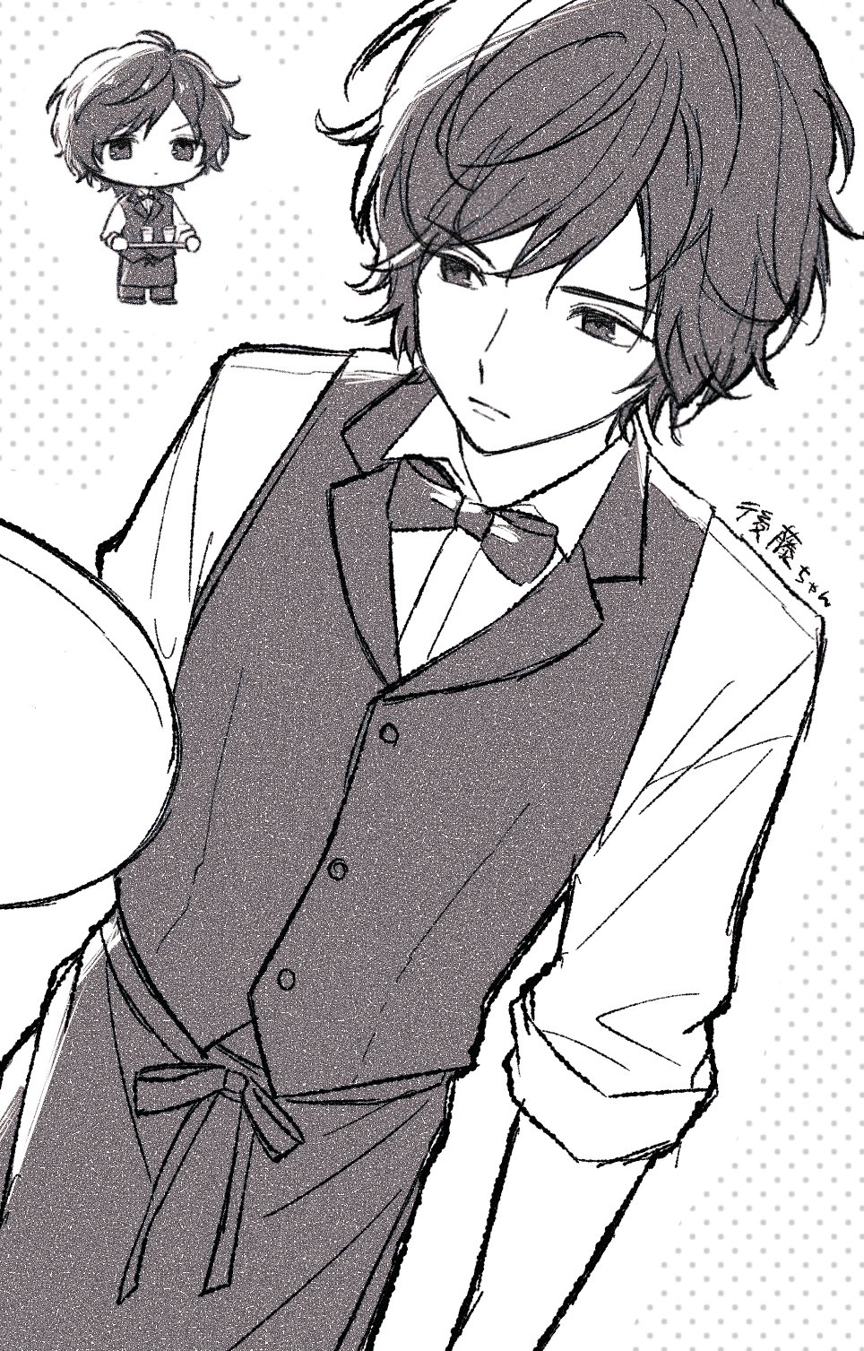 1boy, apron, bow, bowtie, buttons, chibi, chibi_inset, closed_mouth