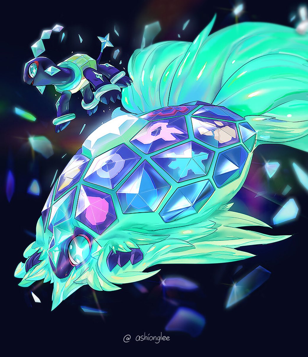 animal_focus, aqua_eyes, ashionglee, commentary, crystal, english_commentary, highres, instagram_username, no_humans, open_mouth, pokemon, pokemon_(creature), pokemon_focus, smile, terapagos, terapagos_(normal), terapagos_(terastal)
