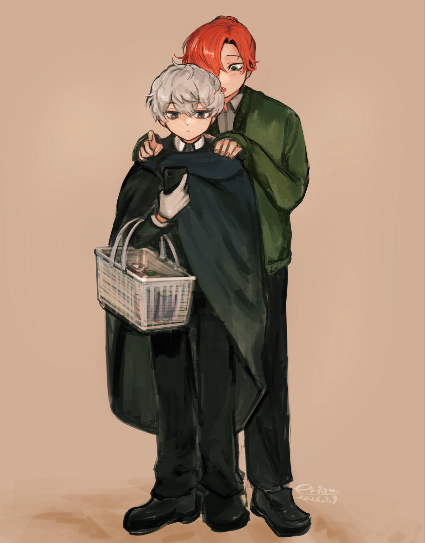 2boys, black_cloak, black_pants, black_shoes, cardigan, cellphone, cloak, collared_shirt