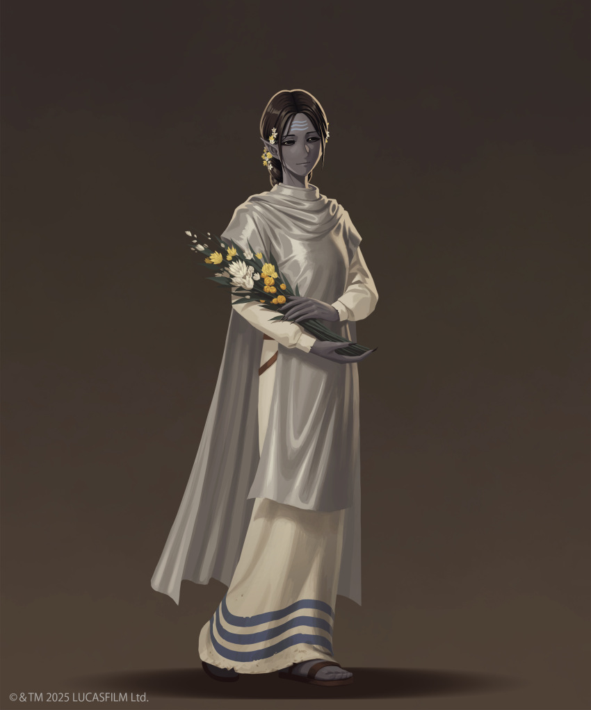 1girl, 2025, 5health, absurdres, alien, black_eyes, black_hair, black_nails, bouquet, braid, breasts, colored_skin, dirty, dirty_clothes, dress, fingernails, flower, grey_skin, hair_flower, hair_ornament, highres, holding, holding_bouquet, light_smile, long_fingernails, marda_ro, medium_breasts, no_sclera, official_art, parted_bangs, pointy_ears, sandals, simple_background, single_braid, star_wars, star_wars:_the_high_republic, white_dress, white_poncho