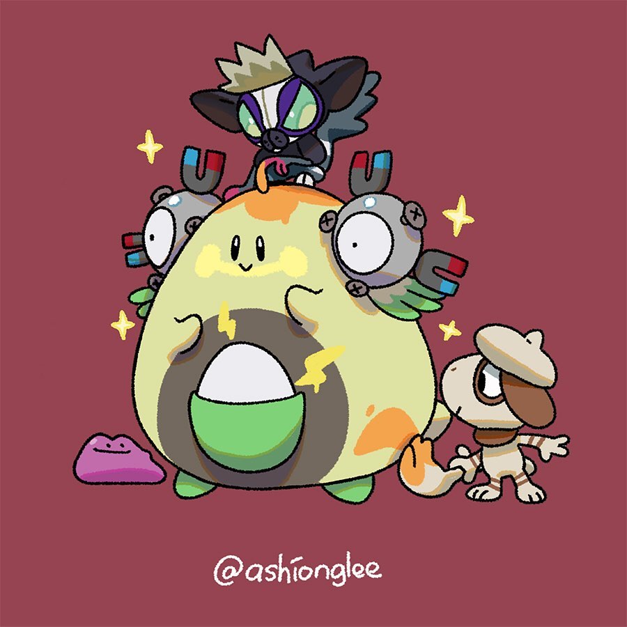 alternate_color, ashionglee, bellibolt, bellibolt_(cosplay), chansey, closed_mouth, commentary, cosplay, ditto, egg, english_commentary, grafaiai, holding_own_tail, instagram_username, lightning_bolt_symbol, magnemite, magnet, no_humans, one-eyed, painting_(action), pokemon, pokemon_(creature), pokemon_focus, red_background, screw, shiny_pokemon, simple_background, smeargle, smile, sparkle, tail