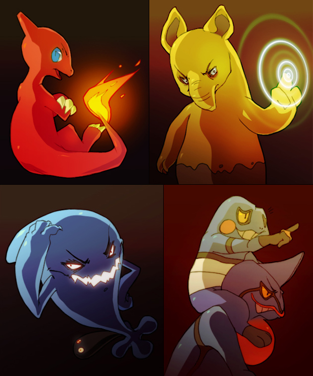 2others, blue_eyes, carrying, charmeleon, commentary, croagunk, crossed_legs, drowzee