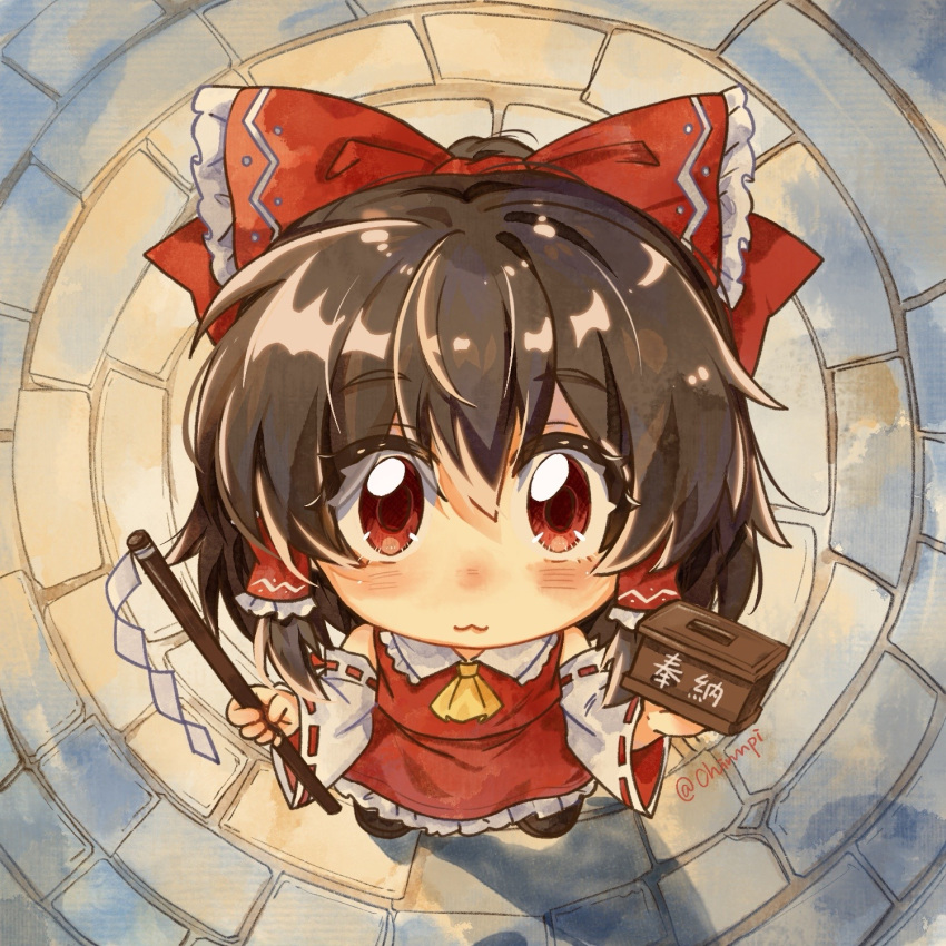 1girl, :3, artist_name, ascot, blush, bow, box, brown_hair