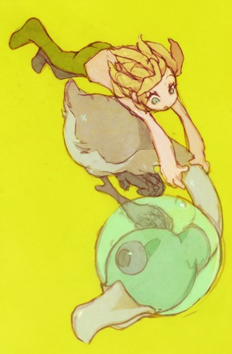 bird, blonde_hair, blue_eyes, full_body, green_pants, kaiba, kaiba_(character), male_focus