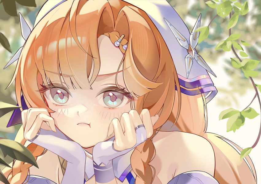 1girl, :t, aqua_eyes, asymmetrical_gloves, bare_shoulders, blurry, blurry_background, chigusa7h, closed_mouth, commentary_request, gloves, highres, long_hair, looking_at_viewer, mismatched_gloves, orange_hair, portrait, pout, sigrika_(wuthering_waves), solo, veil, white_gloves, white_veil, wuthering_waves