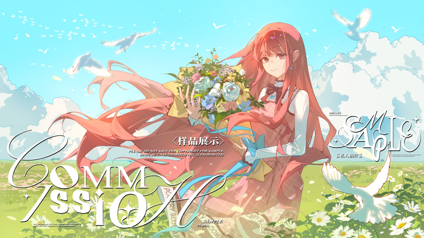 absurdres, argyle_clothes, bird, bloom_poetry_(shining_nikki), blue_bow, blue_flower, blue_sky, bouquet