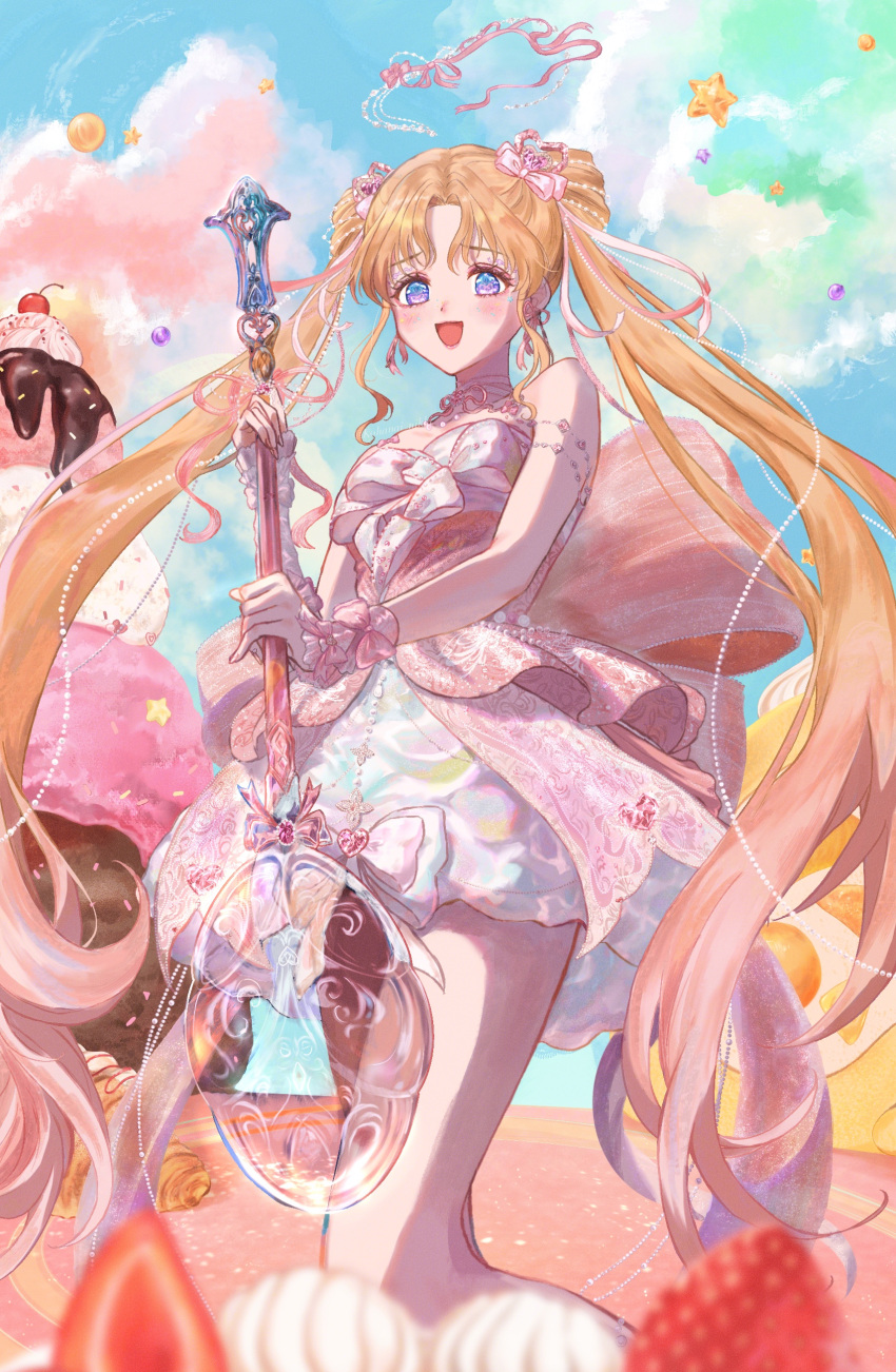 1girl, absurdres, arm_warmers, armlet, back_bow, bare_shoulders, barkle, bead_necklace, beads, blonde_hair, blue_eyes, blue_sky, bow, bow_in_eye, bowtie, bubble_skirt, clouds, commentary_request, cone_hair_bun, day, dot_nose, double_bun, dreamtime_bestowed_(infinity_nikki), dress, dress_bow, eyelashes, feet_out_of_frame, food, frilled_arm_warmers, frills, fruit, gem, gem_hair_ornament, gradient_eyes, gradient_hair, hair_beads, hair_bow, hair_bun, hair_ornament, hair_ribbon, halo, happy, heart-shaped_gem, highres, holding, holding_spoon, ice_cream, infinity_nikki, jewelry, kohanai_setsuna, large_bow, layered_dress, light_blush, long_hair, multicolored_eyes, multicolored_hair, neck_ribbon, necklace, nikki_(series), on_food, open_mouth, outdoors, oversized_object, parted_bangs, pink_bow, pink_dress, pink_gem, pink_hair, pink_halo, pink_ribbon, ribbon, ribbon_earrings, short_dress, skirt, sky, sleeveless, sleeveless_dress, smile, solo, spaghetti_strap, spoon, sprinkles, standing, star_(symbol), strawberry, striped_bow, sundae, twintails, two-tone_hair, very_long_hair, violet_eyes, white_arm_warmers, white_bow, white_bowtie, white_dress, wrist_bow