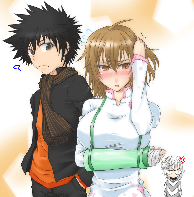 accelerator, black_hair, blush, breasts, brown_eyes, brown_hair, cast, choker, dress, kamijou_touma, kurogane_(artist), misaka_worst, scarf, school_uniform, spiked_hair, spiky_hair, to_aru_majutsu_no_index, uniform, vietnamese_dress, white_hair