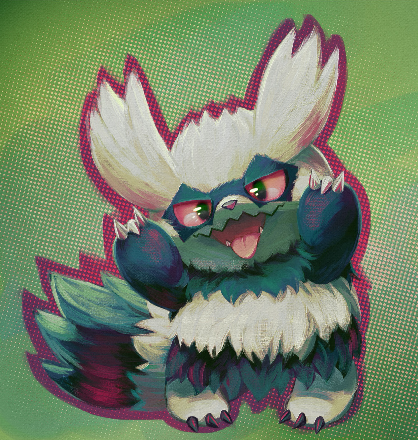 claws, clip_studio_paint_(medium), commentary, deleca-7755, english_commentary, fangs, full_body, galarian_zigzagoon, green_background, highres, no_humans, open_mouth, outline, pokemon, pokemon_(creature), pokemon_focus, red_outline, smile, solo, standing, star_(symbol), star_symbol_background, tongue, tongue_out