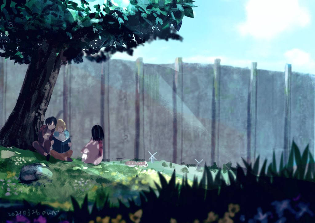 1girl, 2boys, armin_arlert, black_hair, blue_cardigan, blurry, blurry_foreground, book