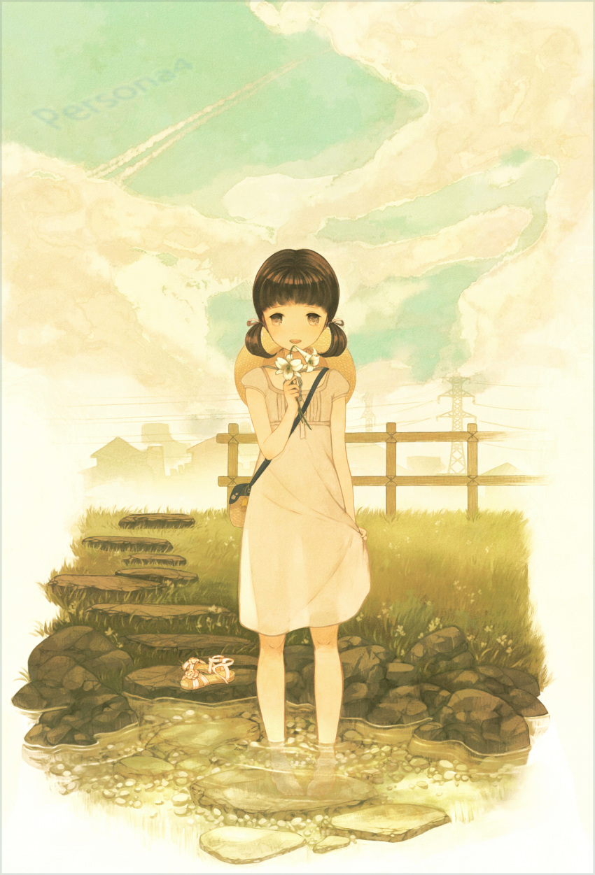 barefoot, brown_eyes, brown_hair, child, cloud, doujima_nanako, dress, flower