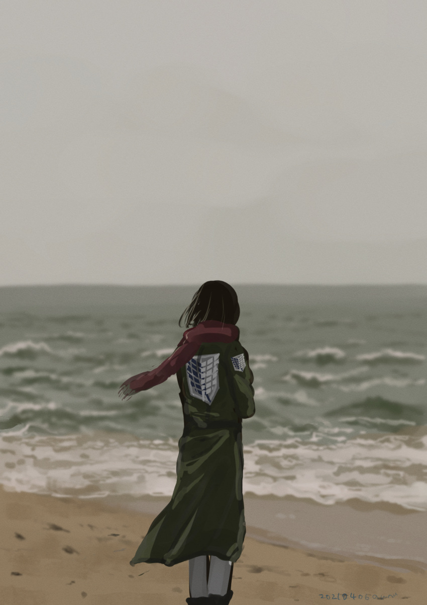 1girl, beach, black_hair, blurry, blurry_background, commentary_request, emblem, facing_away, grey_sky, highres, horizon, jacket, mikasa_ackerman, moriori1113, ocean, outdoors, paradis_military_uniform, red_scarf, sand, scarf, shingeki_no_kyojin, short_hair, sky, solo, survey_corps_(emblem), waves