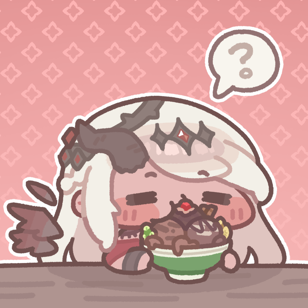1girl, ?, aya_(trickcal), blush_stickers, bowl, chibi, chibi_only, closed_eyes
