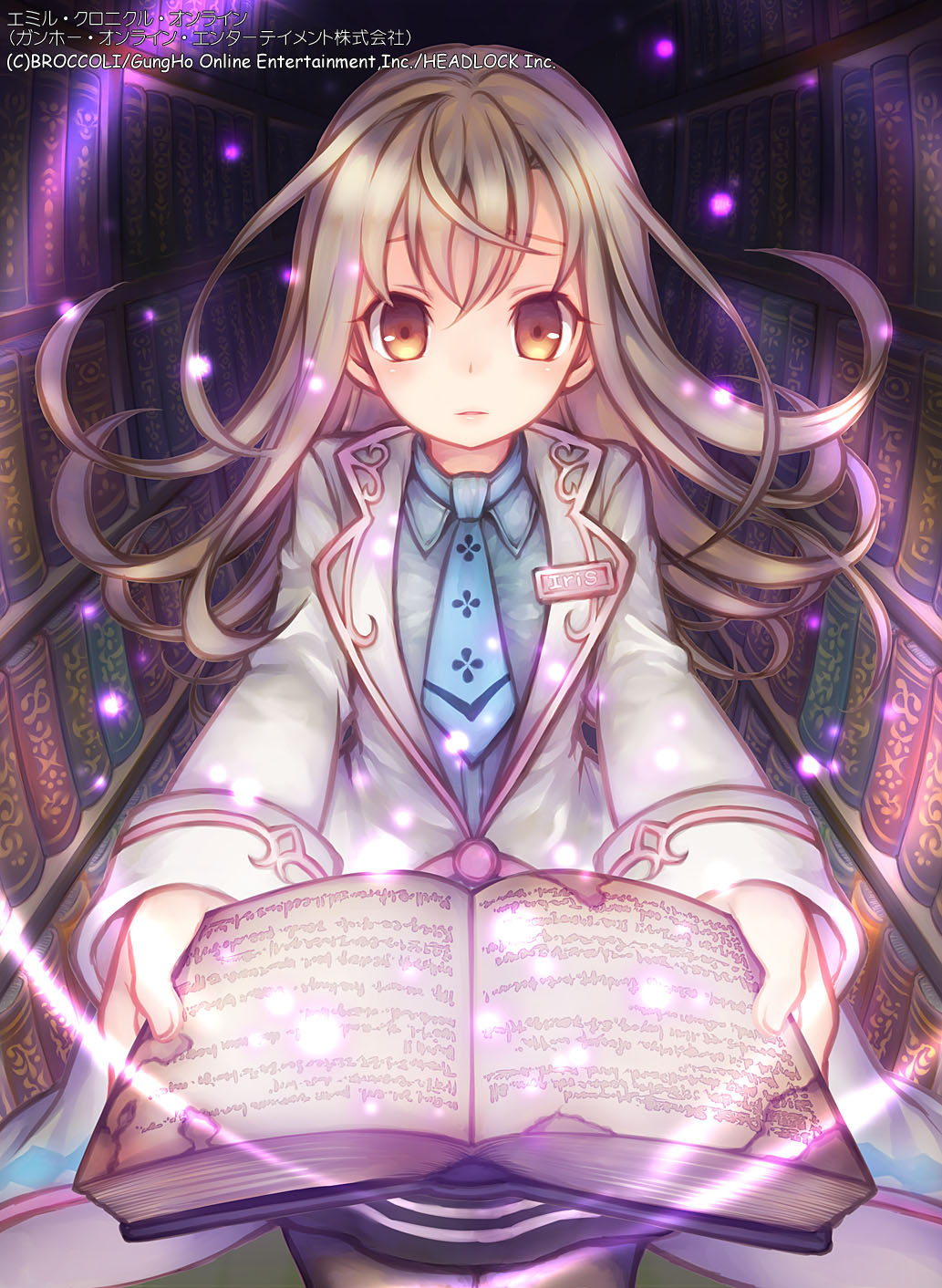 1girl, black_pantyhose, black_skirt, blue_necktie, blue_shirt, book, bookshelf, brown_eyes
