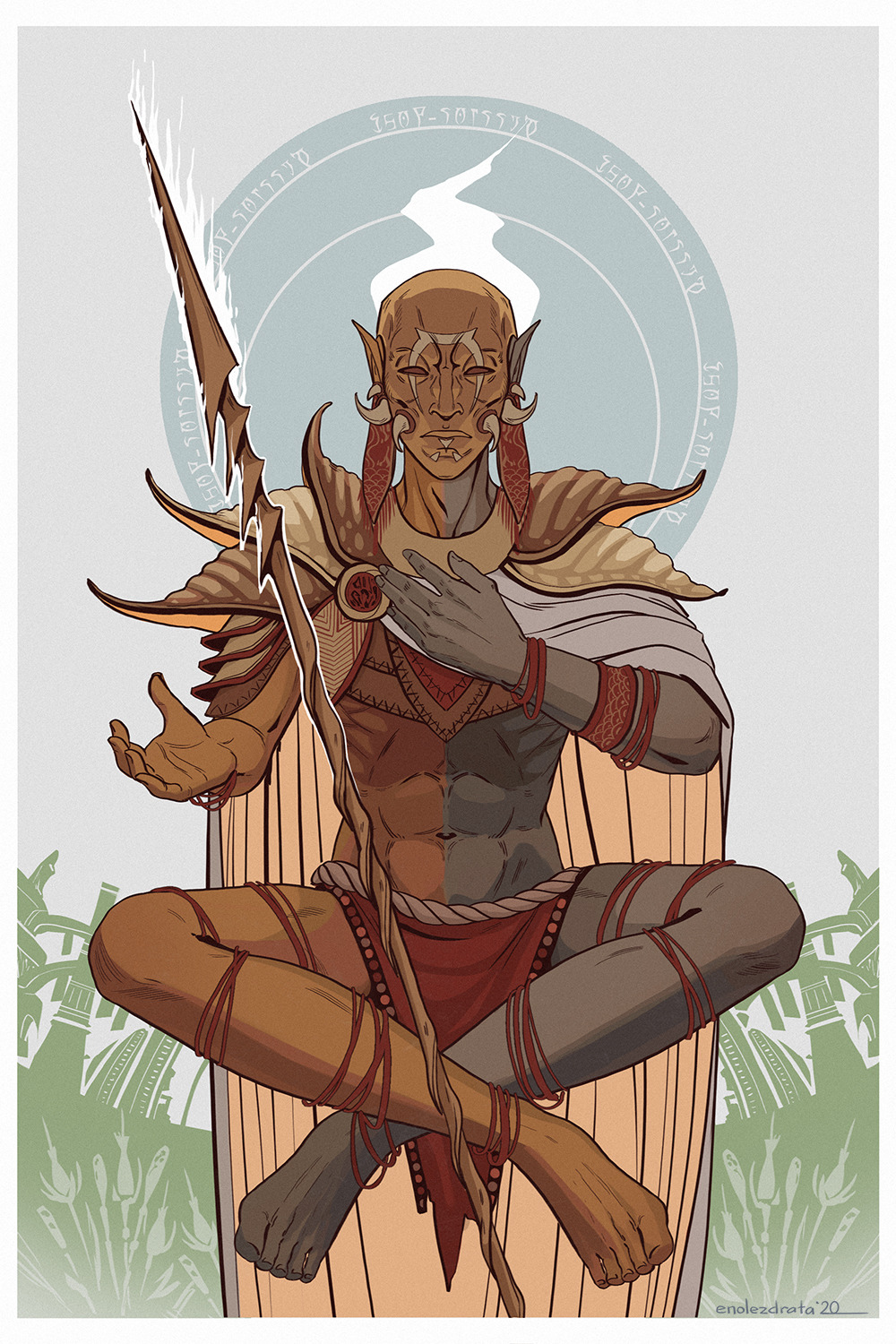 1boy, armor, barefoot, bracelet, cape, colored_skin, crossed_legs, enolezdrata