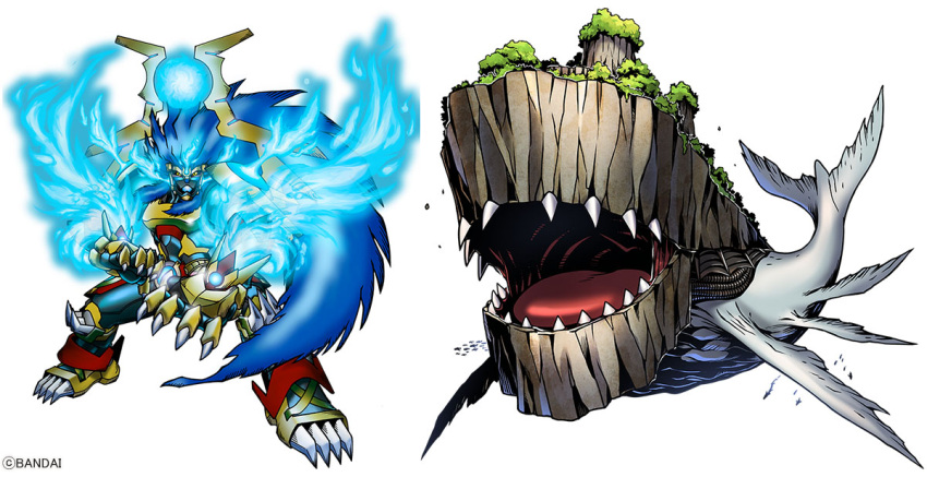 apollomon_whispered, blue_fire, blue_hair, commentary_request, digimon, digimon_(creature), fire, island, kingwhamon, lion, official_art, sharp_teeth, simple_background, teeth, whale, white_background