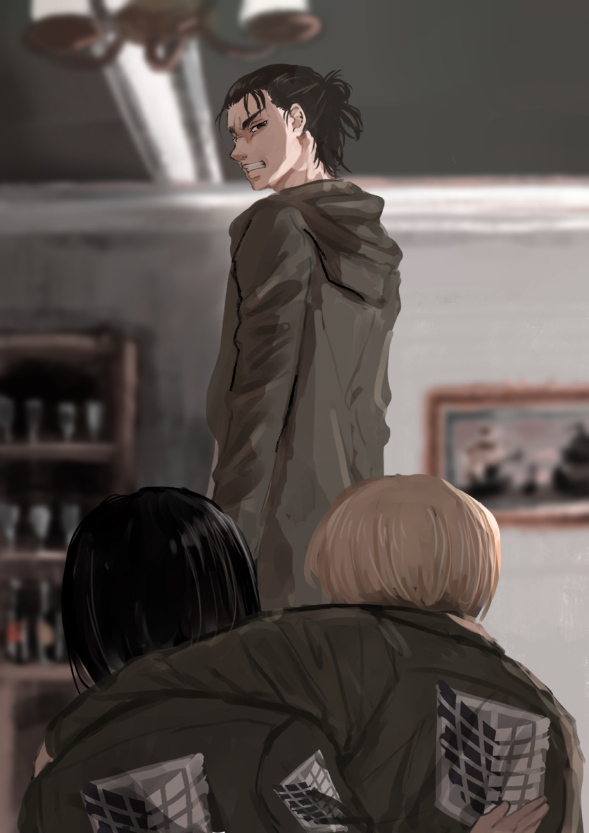 1girl, 2boys, armin_arlert, black_eyes, black_hair, blonde_hair, blurry, blurry_background
