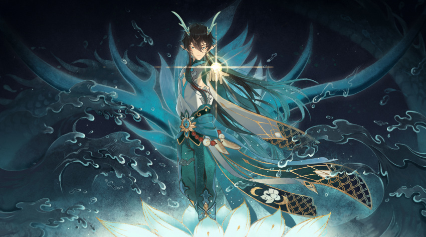 1boy, absurdres, aqua_eyes, aqua_hair, aqua_sash, black_hair, blue_background, chinese_clothes