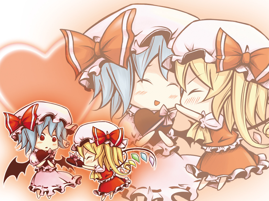 blonde_hair, blue_hair, blush, bow, chibi, chocolate, closed_eyes, flandre_scarlet, hat, heart, kyuu_kaeda, multiple_girls, red_eyes, remilia_scarlet, short_hair, siblings, sisters, touhou, valentine, winecrazy, wings