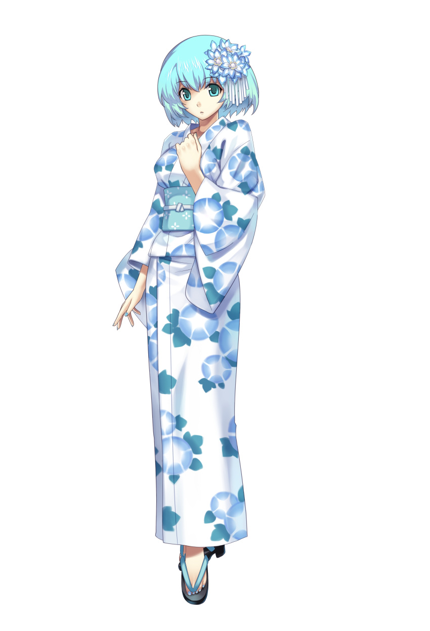:o, absurdres, cross_edge, hair_ornament, hairpin, highres, hirano_katsuyuki, japanese_clothes, kimono, mana_khemia, mana_khemia_2, nail_polish, nakamura_tatsunori, obi, official_art, open_mouth, sandals, short_hair, simple_background, solo, standing, toenail_polish, wuim, yukata