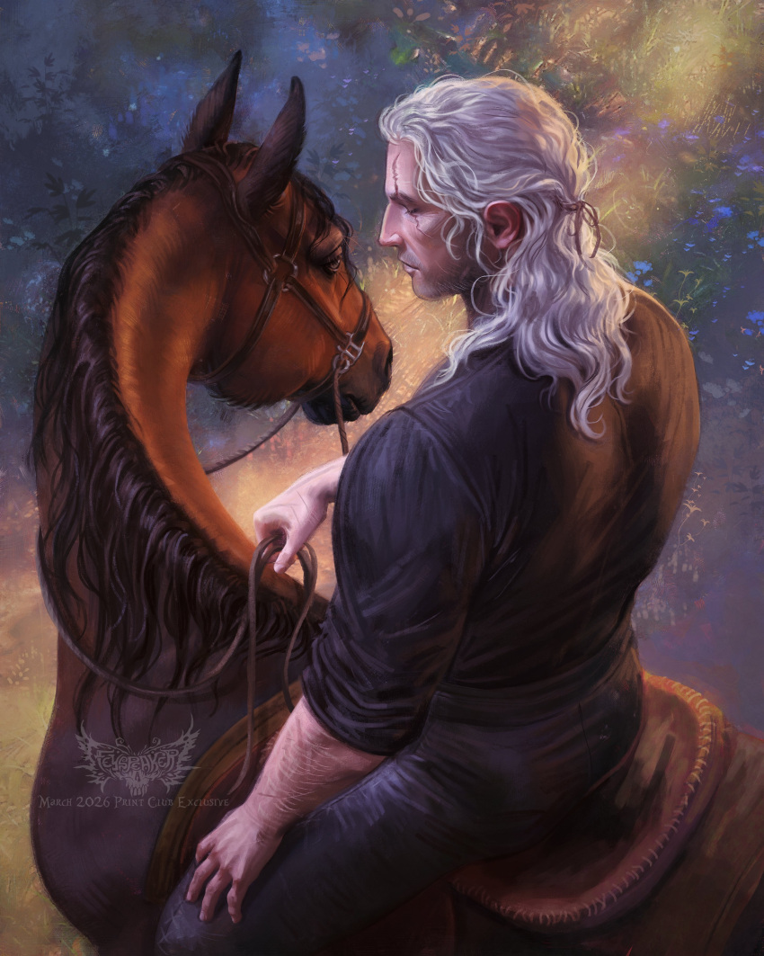 1boy, absurdres, artist_logo, artist_name, day, english_text, feyspeaker, geralt_of_rivia