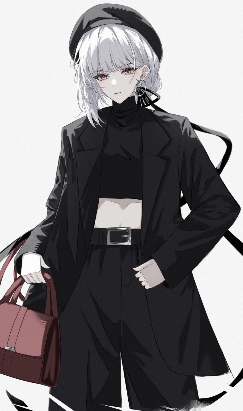 1girl, absurdres, alternate_costume, bag, beret, black_hat, black_jacket, black_pants