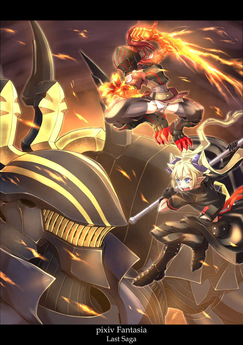 1boy, 2girls, armor, belt_pouch, black_boots, black_gloves, black_jacket, blonde_hair