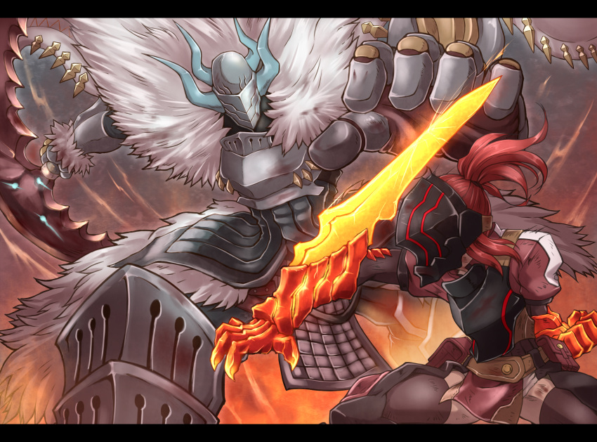 armor, cape, clenched_hand, commentary_request, fake_horns, fighting_stance, gauntlets, general_gadugan