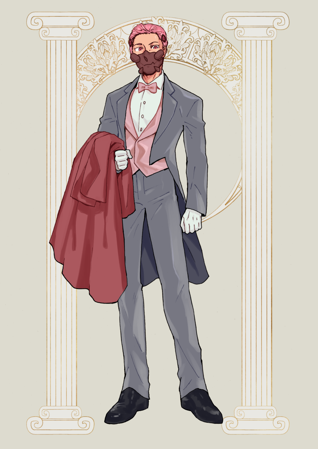1boy, black_shoes, bow, bowtie, clenched_hand, commentary_request, extra_eyes, formal_clothes