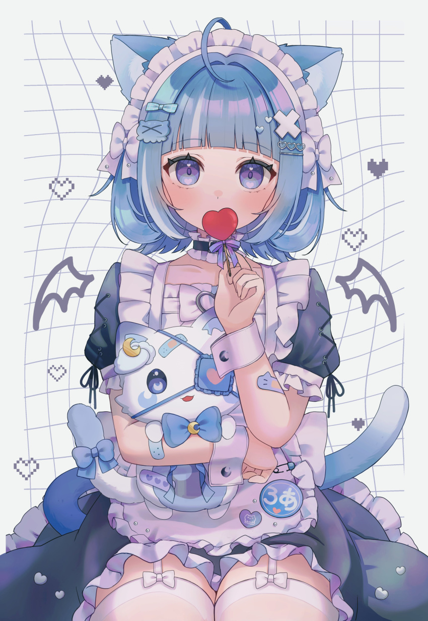 1girl, absurdres, ahoge, alternate_costume, animal_ears, apron, bat_wings, black_dress