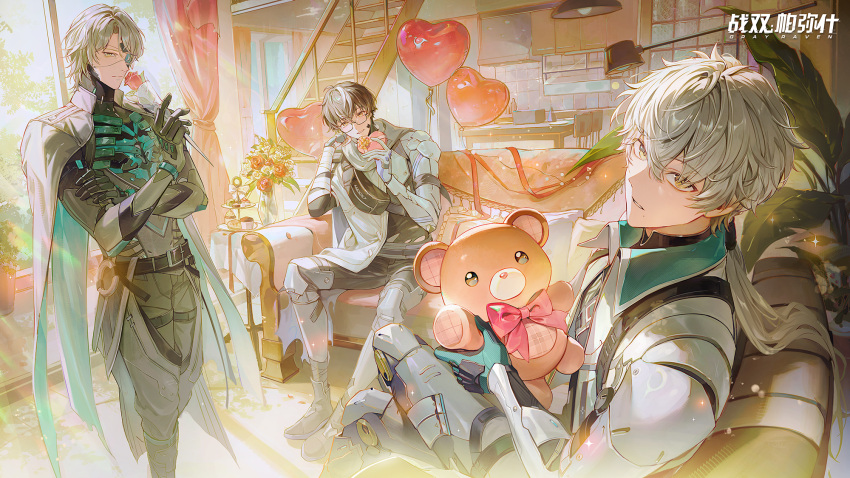 3boys, arm_up, bag, balloon, bandaged_arm, bandages, belt, black_belt