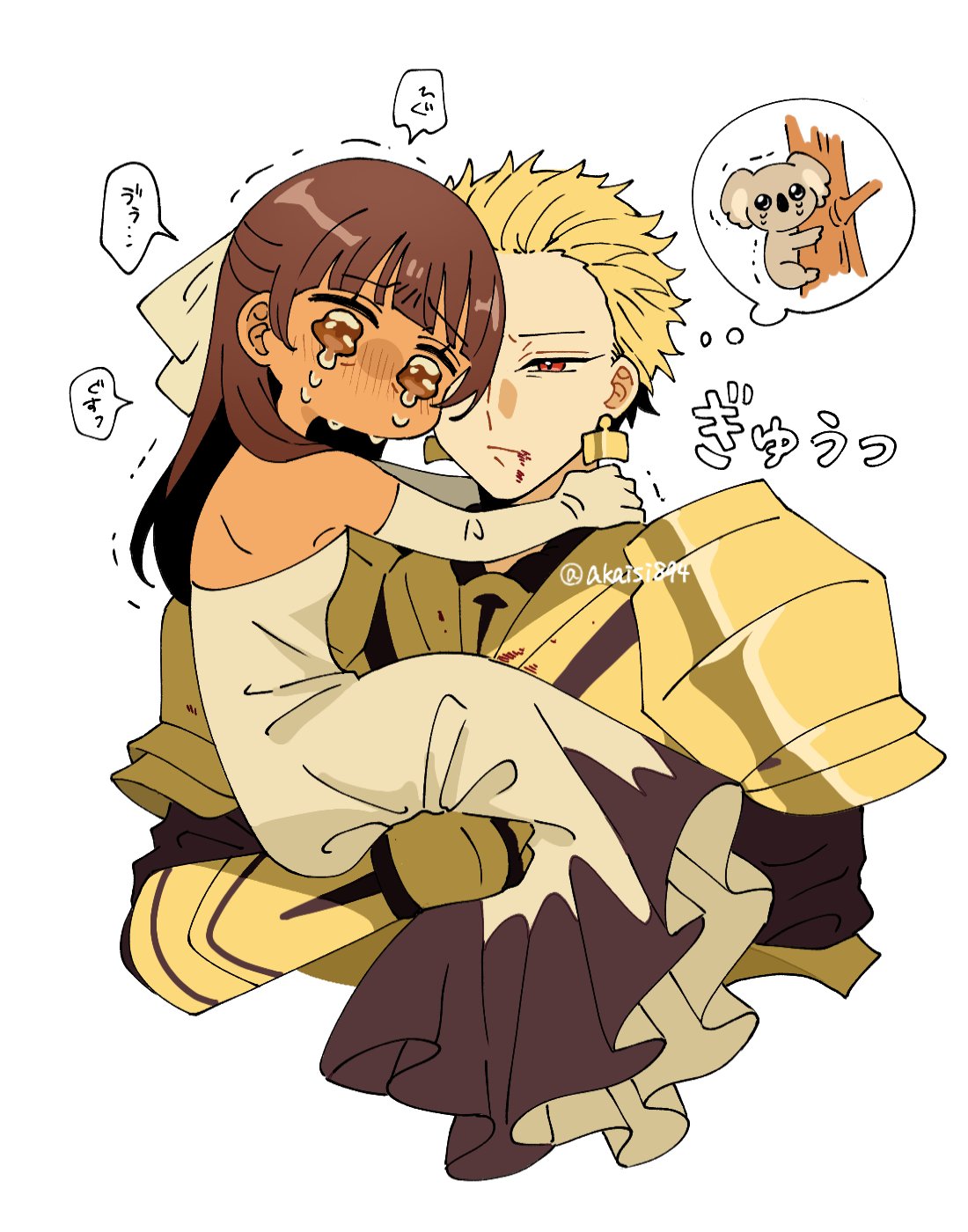 1boy, 1girl, akaisi894, armor, blonde_hair, blood, blood_on_face, blush