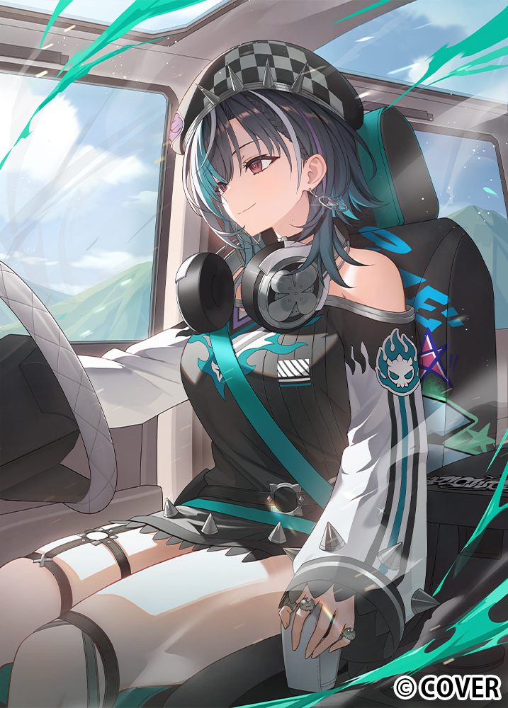 1girl, aqua_hair, beret, black_choker, black_hair, black_hat, black_shirt, blue_sky
