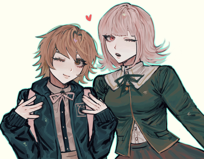 1boy, 1girl, ;), ;o, breasts, brown_hair, collared_shirt, commentary_request, cosplay, costume_switch, danganronpa:_trigger_happy_havoc, danganronpa_(series), danganronpa_2:_goodbye_despair, flipped_hair, fujisaki_chihiro, fujisaki_chihiro_(cosplay), hair_ornament, highres, jacket, kamo_(kamooo44), korean_commentary, long_sleeves, looking_at_viewer, medium_hair, nanami_chiaki, nanami_chiaki_(cosplay), neck_ribbon, one_eye_closed, open_clothes, open_jacket, pink_eyes, pink_ribbon, ribbon, shirt, simple_background, skirt, smile, teeth, trap, upper_body, upper_teeth_only, white_background, white_shirt