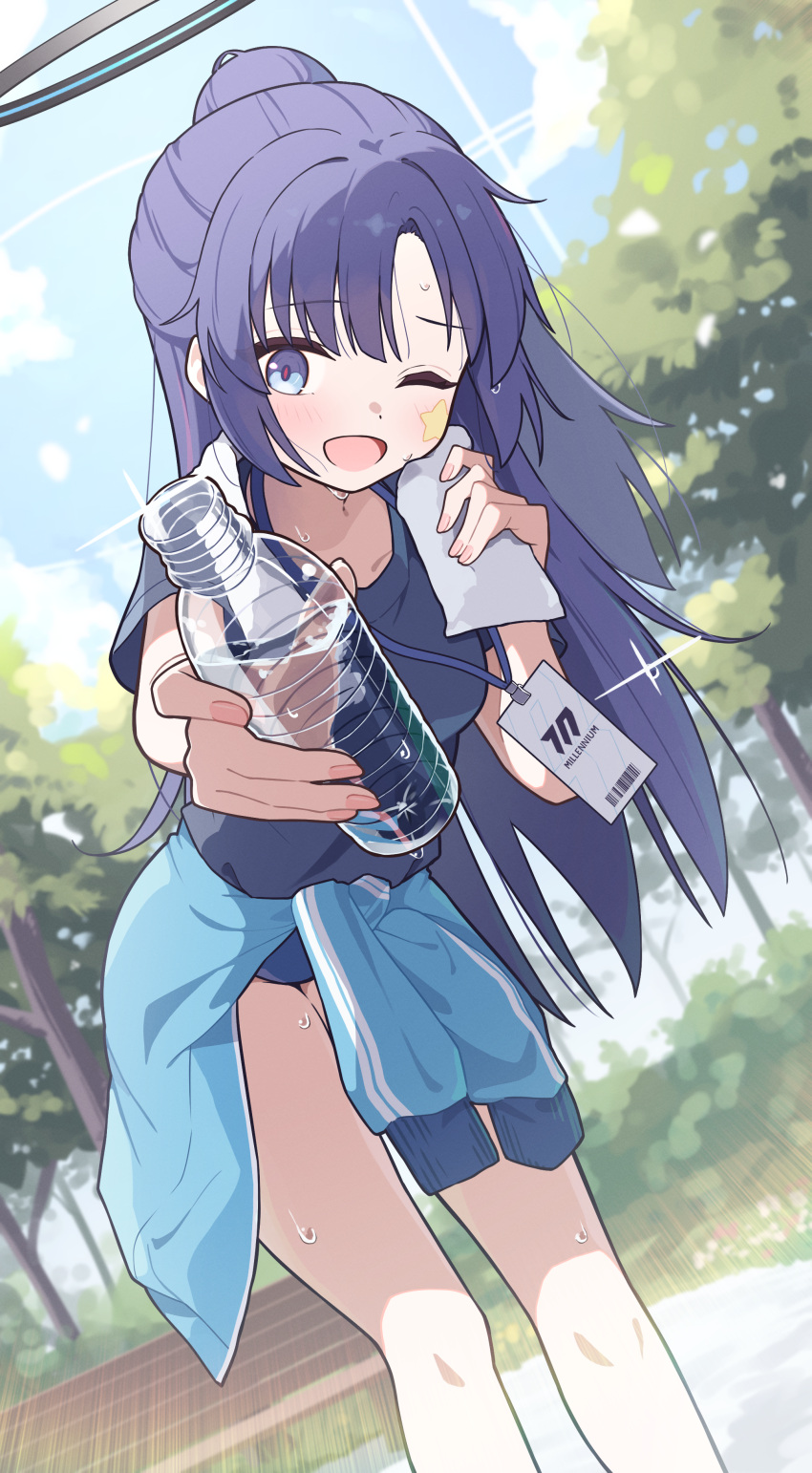 1girl, ;d, absurdres, bare_legs, black_shirt, blue_archive, blue_buruma, blue_jacket