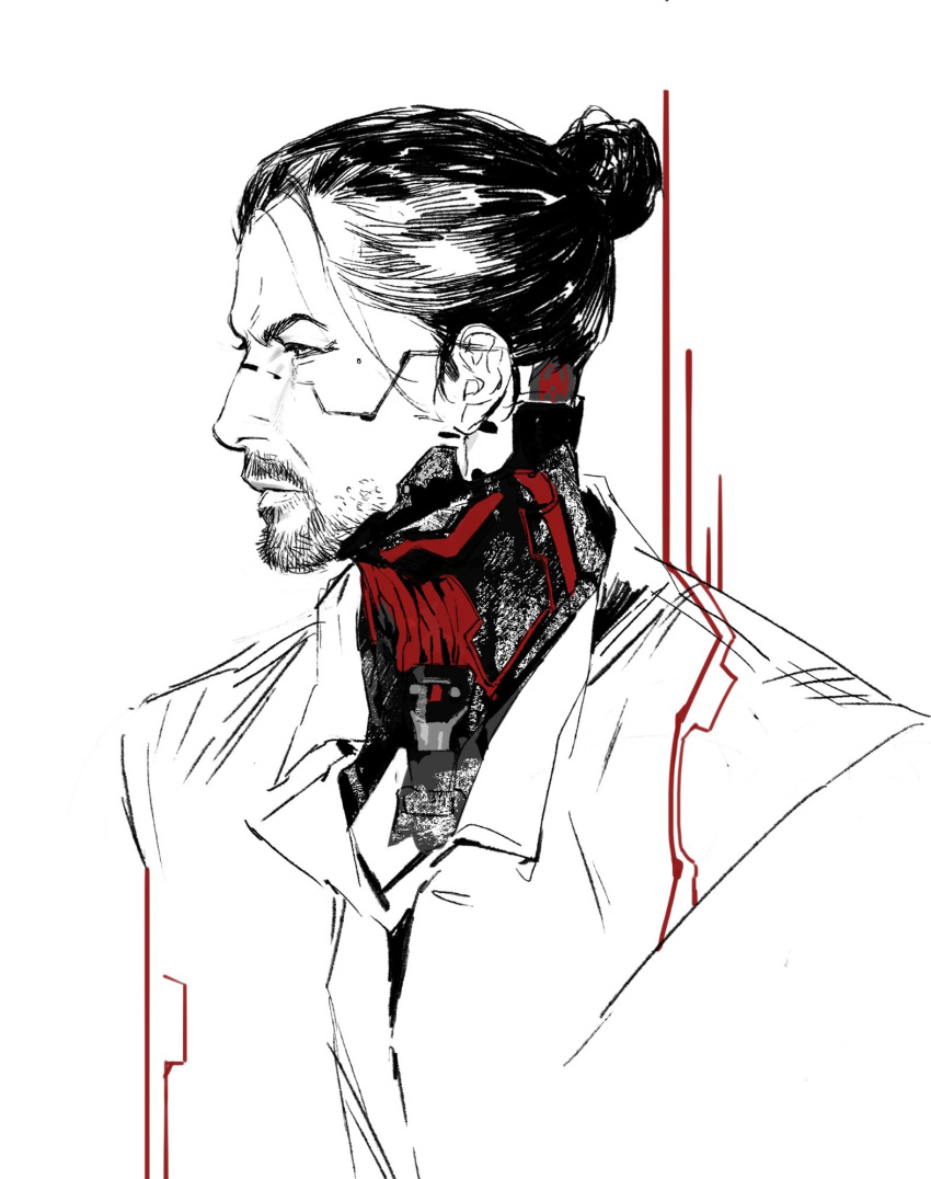 1boy, cyberpunk_(series), cyberpunk_2077, facial_hair, goro_takemura, greyscale, hashtag-only_commentary, highres