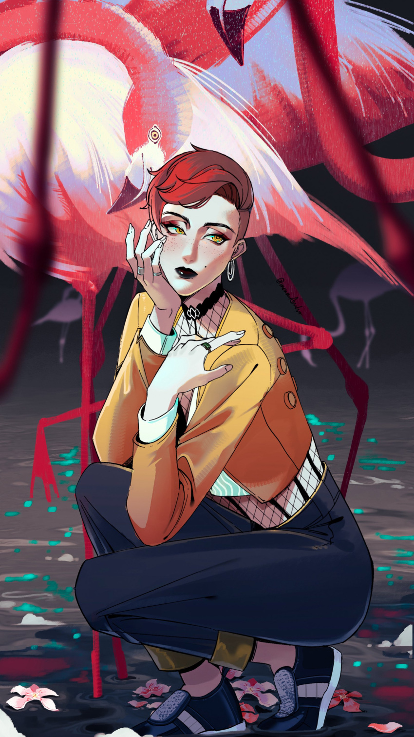 1girl, absurdres, aurore_cassel, bird, black_lips, black_pants, brown_coat, brown_eyes, coat, commentary, cyberpunk_(series), cyberpunk_2077, earrings, flamingo, highres, jewelry, mmmanchor, pants, red_hair, shoes, short_hair, squatting, untranslatable_commentary