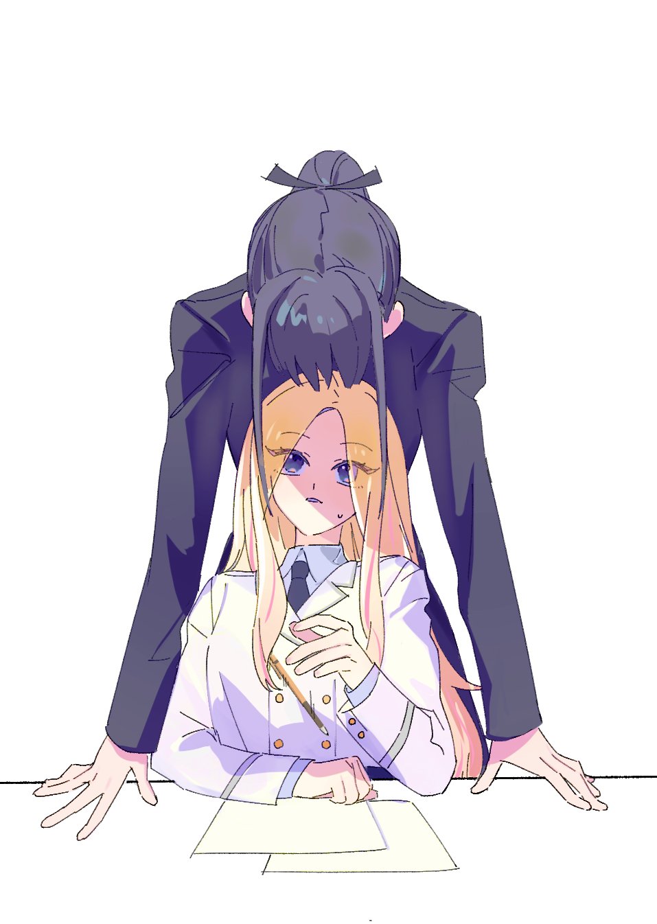2girls, amaya_tsubame, arm_on_table, black_coat, black_necktie, black_ribbon, blue_eyes, buttons