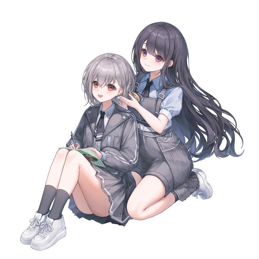 2girls, bang_dream!, bang_dream!_it's_mygo!!!!!, black_hair, black_socks, brown_eyes, brushing_another's_hair, brushing_hair
