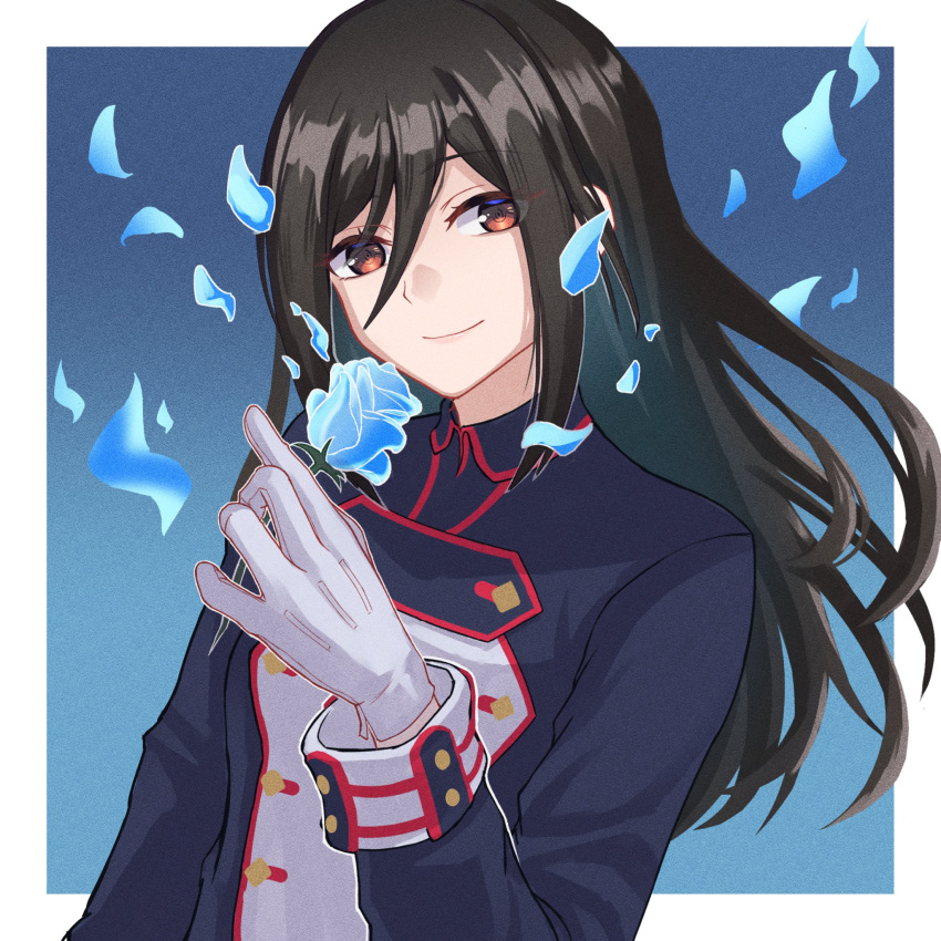 1girl, black_hair, blue_background, blue_fire, blue_flower, blue_tulip, border, brown_eyes
