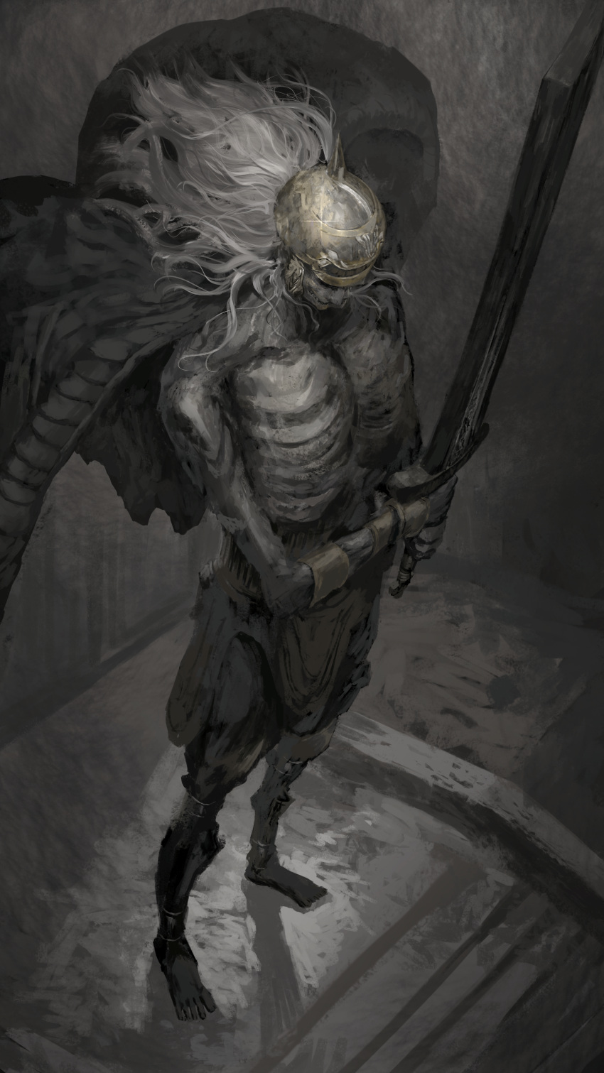 1boy, absurdres, asaki_(asaki_vision), barefoot, black_blade_kindred, black_wings, commentary_request, elden_ring, floating_hair, full_body, glint, greatsword, helmet, highres, holding, holding_sword, holding_weapon, male_focus, skeleton, solo, stairs, standing, sword, weapon, white_hair, wings