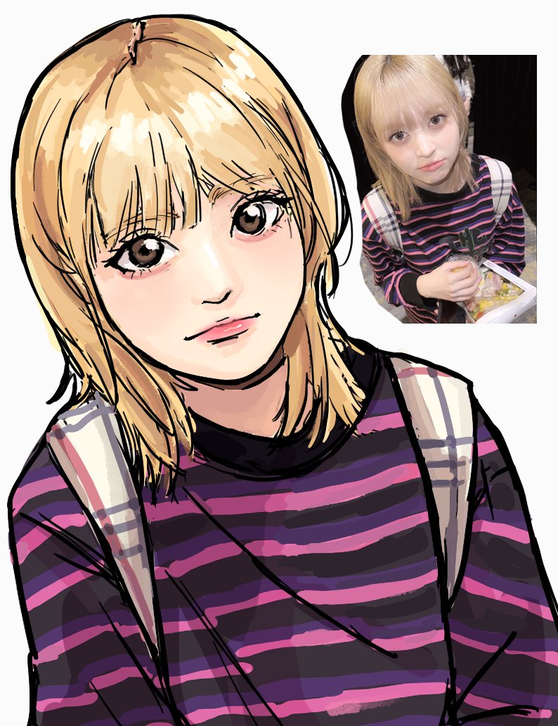 1girl, animification, blonde_hair, blush, brown_eyes, english_commentary, expressionless, k-pop