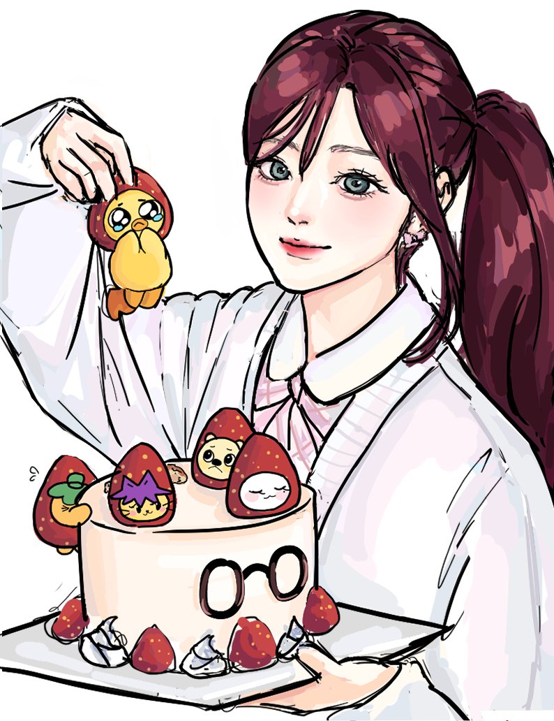 1girl, animification, cake, cardigan, collared_shirt, english_commentary, food, fruit