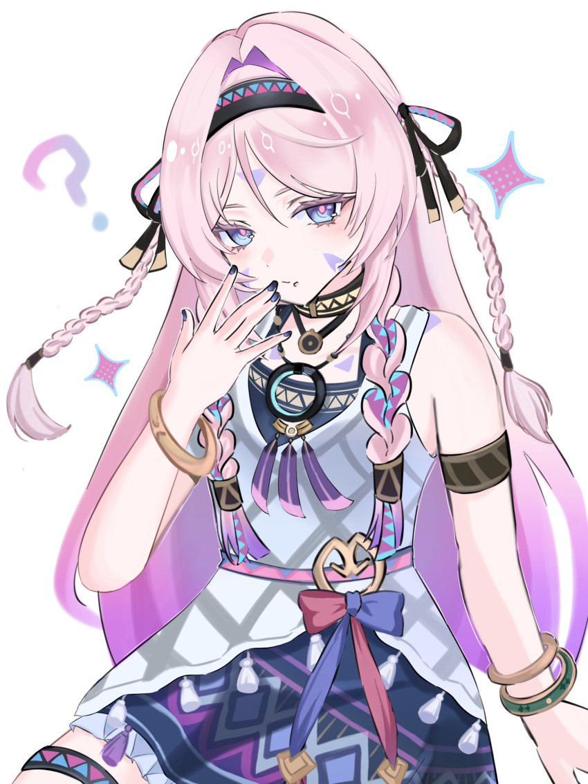 1girl, ?, absurdres, armlet, bare_shoulders, black_hairband, black_nails, black_ribbon