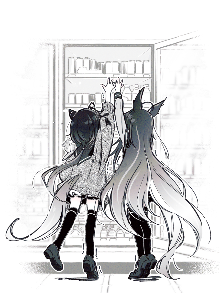 2girls, animal_ears, commentary, dream_journey_(umamusume), from_behind, greyscale, highres, horse_ears