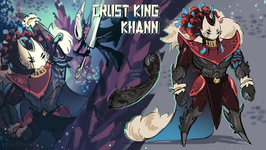 absurdres, armor, arthropod_boy, arthropod_girl, black_skin, cape, character_name, claws, cloak, colored_skin, crust_king_khann_(hollow_knight), fur-trimmed_cape, fur_trim, geokinesis, highres, hollow_eyes, hollow_knight, hollow_knight:_silksong, horned_mask, hornet_(hollow_knight), mask, onionsued, red_armor, red_cloak, scar, scar_across_eye, scar_on_face, shoulder_armor, signature, white_mask